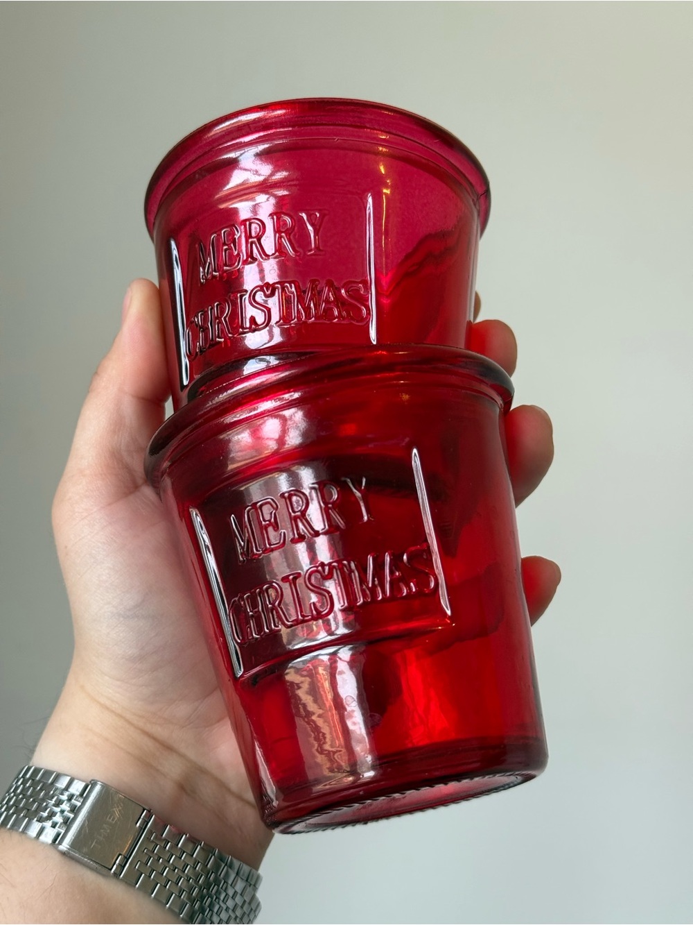 Set of 2 Merry Christmas Etched Red Flash-Painted Glass Votive Candle Holders